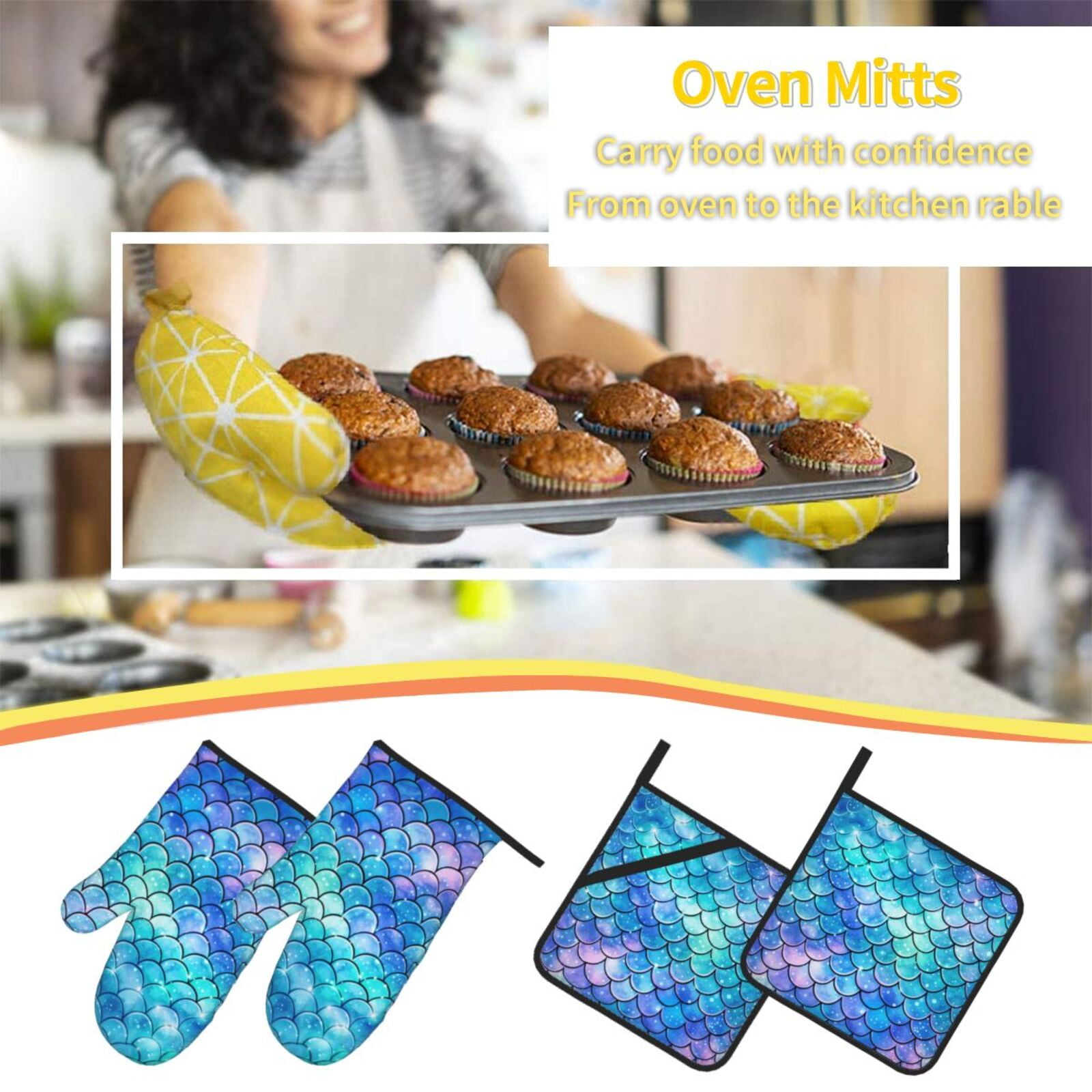 Mermaid Scales Fish Scale Blue 4Pcs Oven Mitts and Pot Holders Sets Oven Kitchen Gloves Hot Pads for Cooking BBQ Baking Grilling