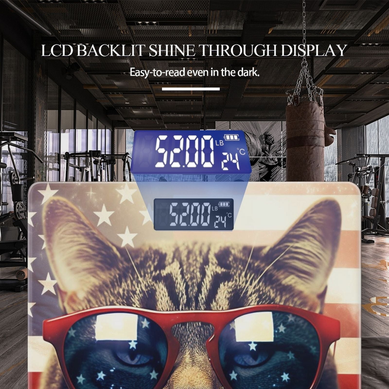 Bathroom Scale, Highly Accurate Digital Body Scale,Precisely Measures Weight up to 400 lbs-Cat Wearing Sunglasses With The American Flag In The Background