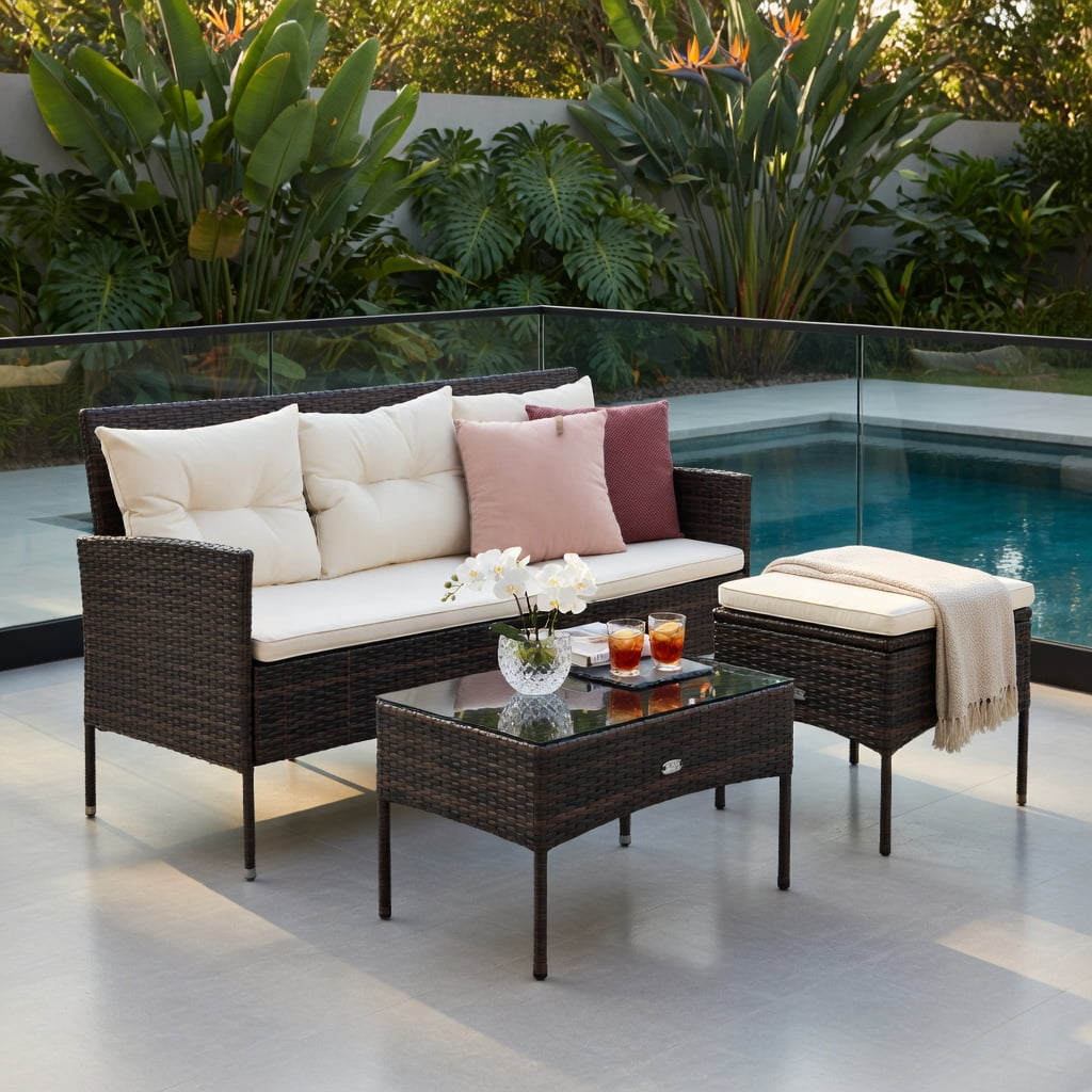 Hommoo 3-Piece Modern Patio Sectional Set with 5 Premium Cushions, All-Weather Rattan Sofa, Ottoman & Glass Coffee Table for Backyard, Poolside & Garden, White
