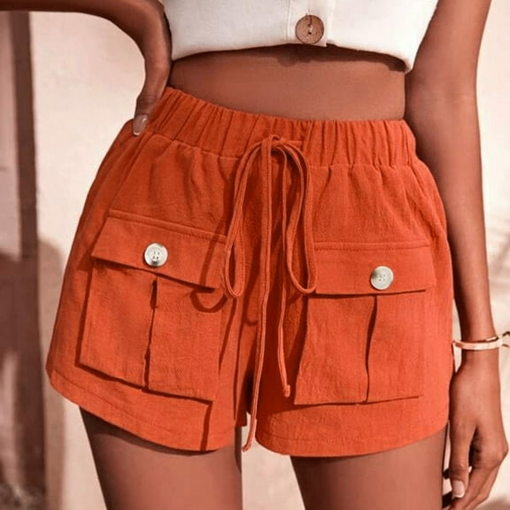 Aayomet Shorts For Women Women's Linen Shorts Casual Elastic Waist Rope Drawstring With Lounge Shorts For Women Orange,XXL