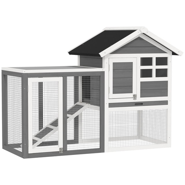 49" Weatherproof Wooden Rabbit Hutch With Slant Roof And Screened Outdoor Run, Grey
