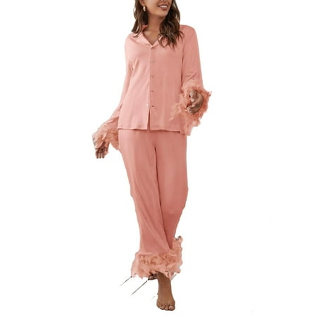 

2pcs Set Elegant Solid Lapel Neck PJ Pant Sets Long Sleeve Baby Pink Women s Pajama Sets (Women s)