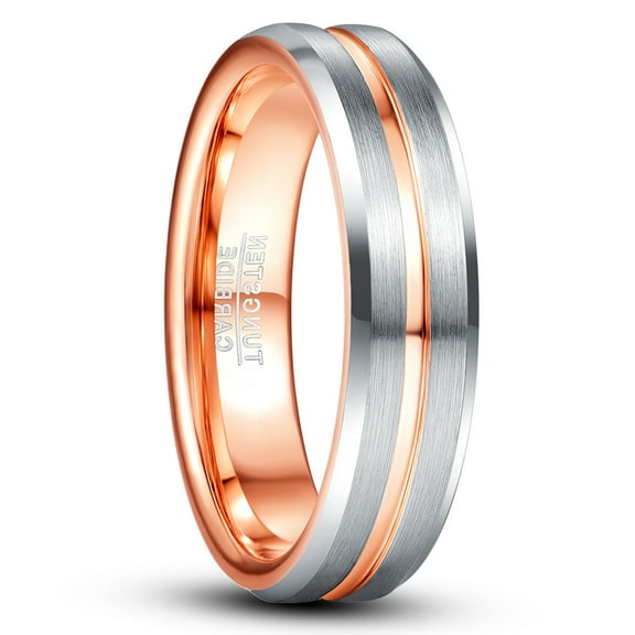 6mm Women's Silver Tungsten Ring Wedding Band with Rose Gold Groove Brushed Finish Size 7-12