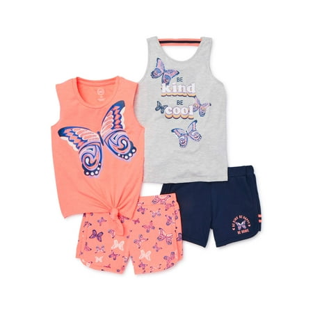 Wonder Nation Girls 4-18 & Plus Graphic Tank Tops and Shorts, 4-Piece Mix and Match Outfit Set