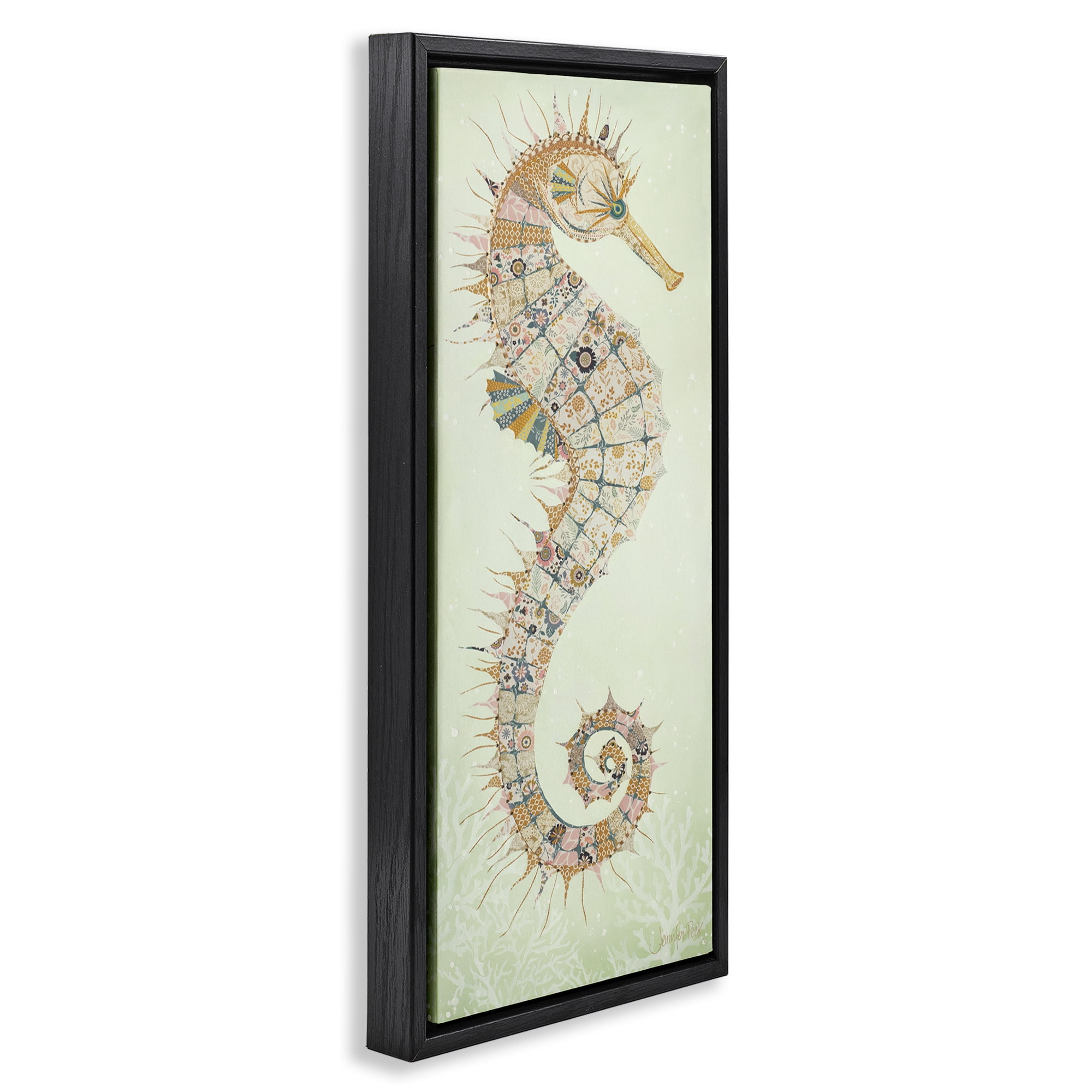 Stupell Industries Patterned Spikey Seahorse Animals & Insects Painting Black Floater Framed Canvas Art Print Wall Art, 11 x 25