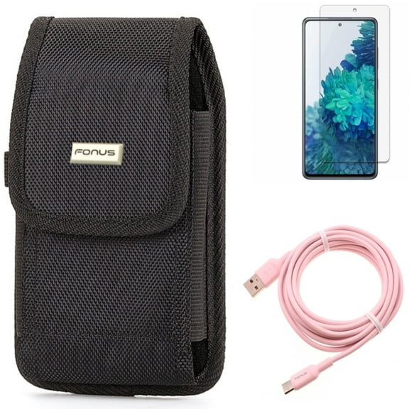 Screen Protector & Case Belt Clip & 10ft Long USB-C Cable for Samsung Galaxy S20 Fan Edition - Anti-Glare Tempered Glass   Rugged Holster   Pink Charger Cord Combo