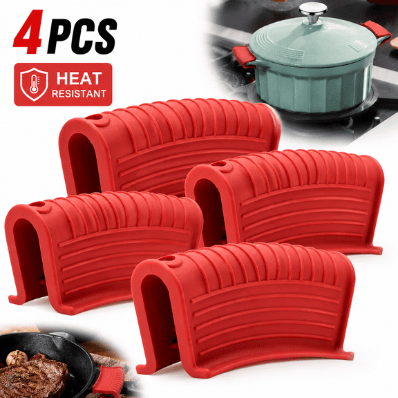 Genreen 4-Pack Silicone Assist Handle Holders – Heat Resistant Pot Sleeves for Cast Iron Skillets, Griddles & Casserole Dishes – Non-Slip Hot Pan Grip (Red)