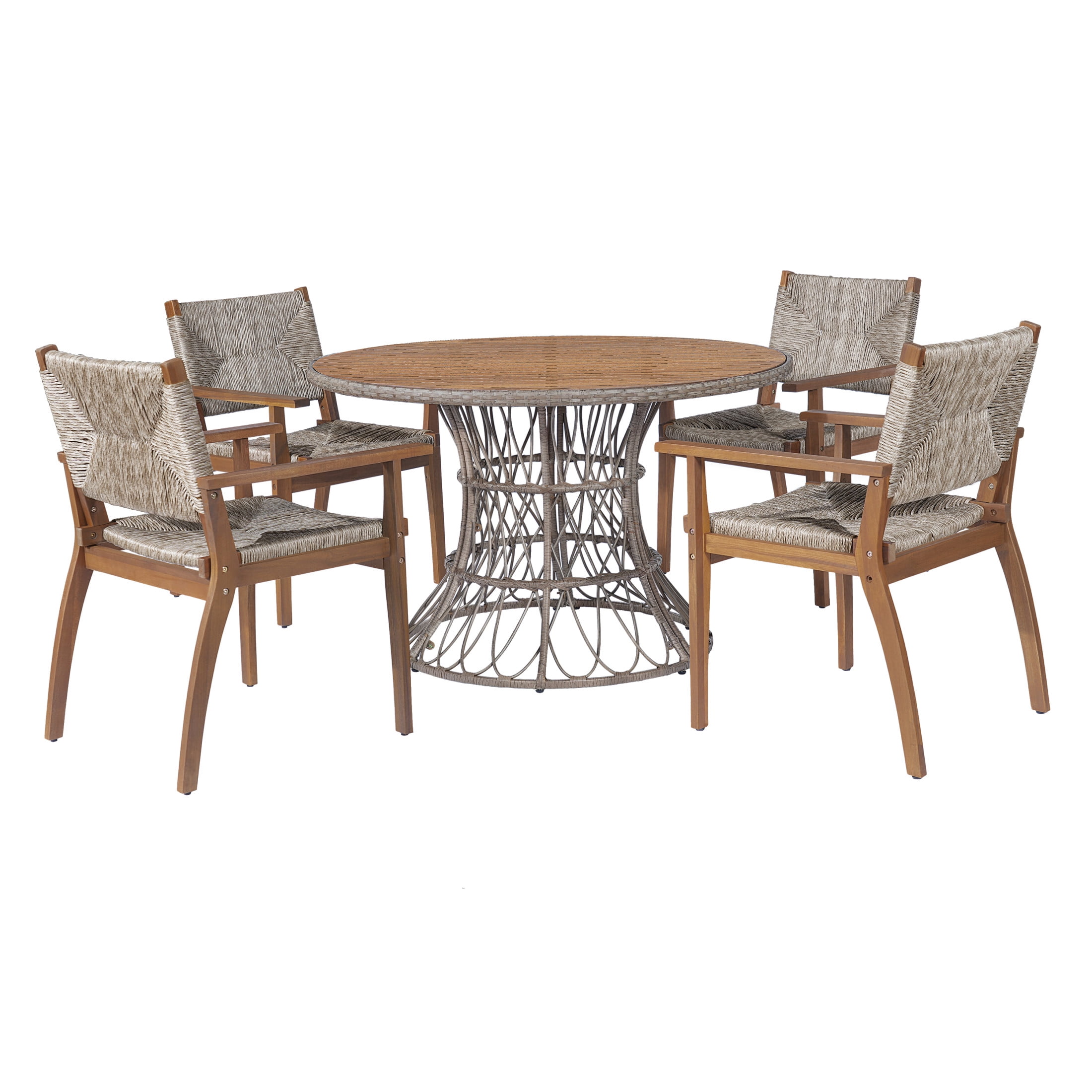 Christopher Knight Home Wicker Outdoor Dining Set for 4, Round Wood Table with Patio Chairs, Brown