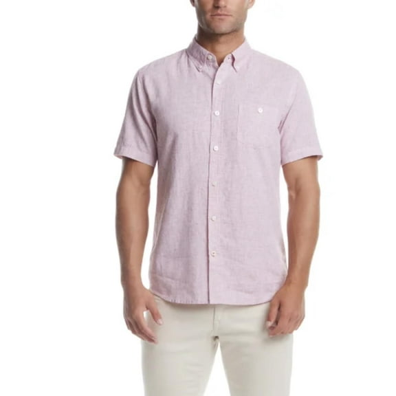 Weatherproof Vintage Men's Short Sleeve Linen Cotton Blend Woven Button Down Shirt (US, Alpha, Large, Regular, Regular, Red)