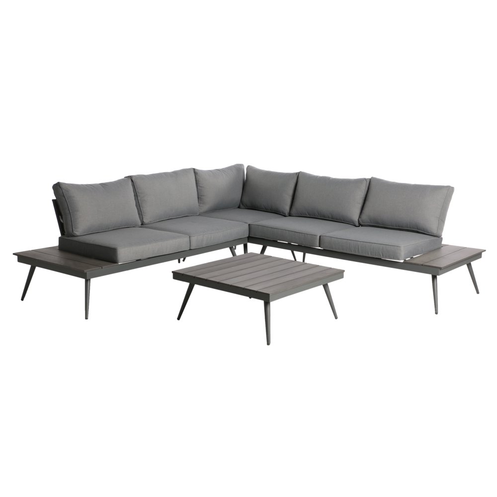 Deborah Outdoor Wood and Aluminum VShaped 5 Seater Sofa Set, Gray and