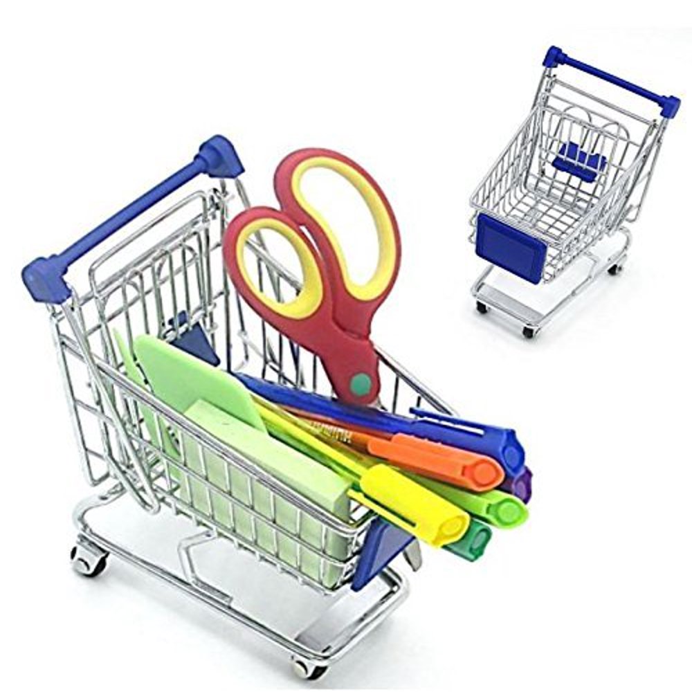 Mini Novelty Blue Shopping Cart Carriage Pen Pencil Supplies Holder