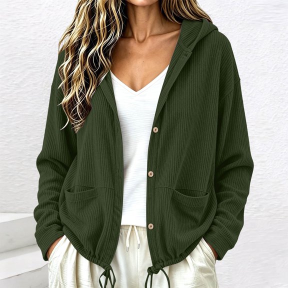 WIZUTIZ Women's Solid Color Corduroy Button Down Hoodie Drawstring Jacket Long Sleeve Loose Fit Casual Fall Winter Coat with Pockets