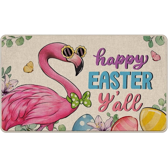 Happy Easter Y''all Flamingo Decorative Front Door Mat, Easter Eggs Welcome Doormat Indoor Outdoor Non-Slip Floor Entryway Rug, Spring Butterfly Lily Flower Home Kitchen Decoration 17x30 Inch