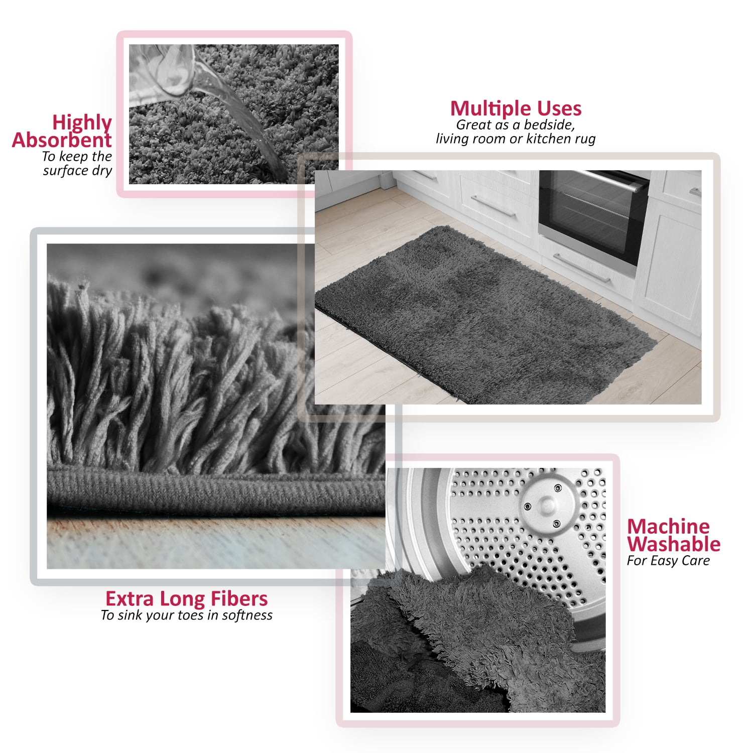 Clara Clark Shaggy Bath Rug with Non-Slip Backing Rubber - Machine Washable Super Soft Bathmat - Plush Absorbent Bathroom Rug, medium - 20 x 32, Gray