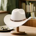 thumbnail image 3 of RUINIXCW Western Cowboy Cowgirl Hat for Women Men Wide Brim Pentagram Leather Belt Fedora Hat Wool Felt Vintage Jazz Hats, 3 of 7
