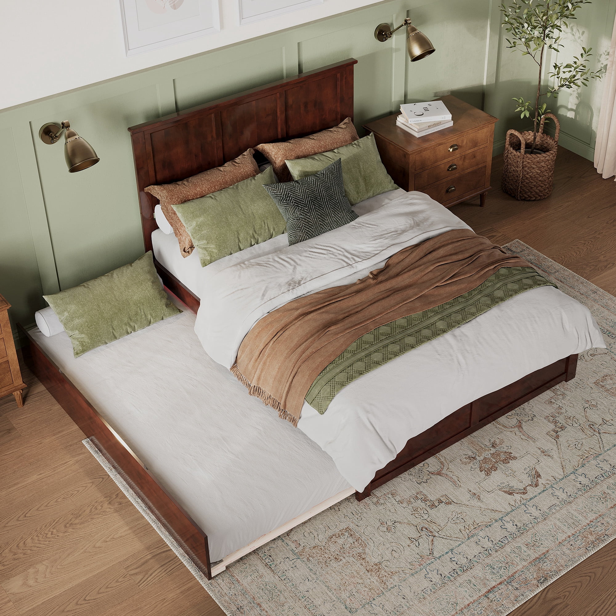 AFI Madison Queen Wood Platform Bed with Headboard Footboard & Twin XL Trundle, Walnut