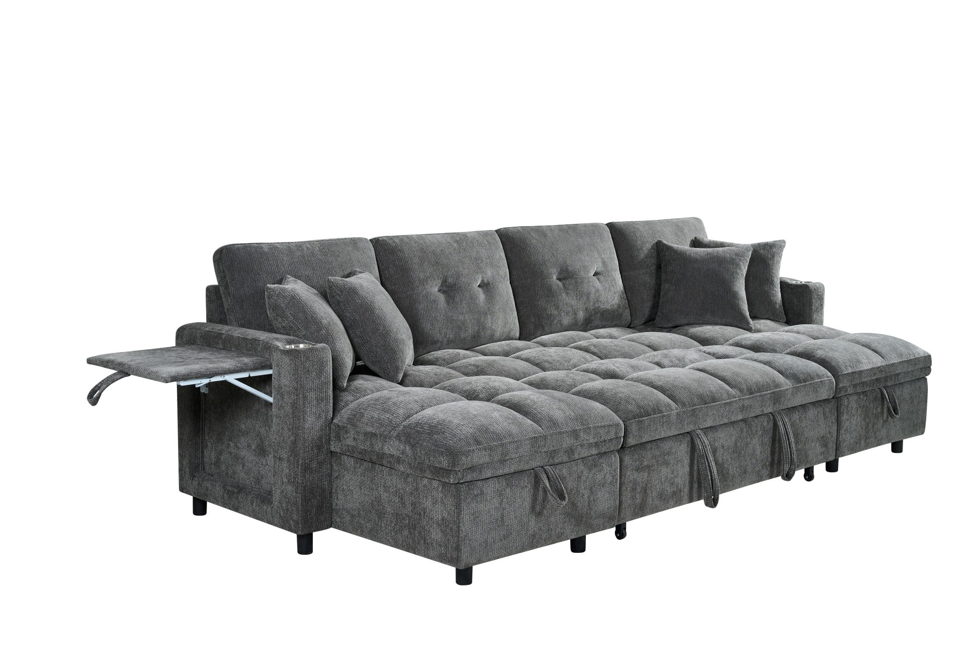 DEALTOPS 108" Chenille U-Shaped Sectional Pull Out Sleeper Sofa Bed with Storage Chaise, USB & Tray Table, Gray