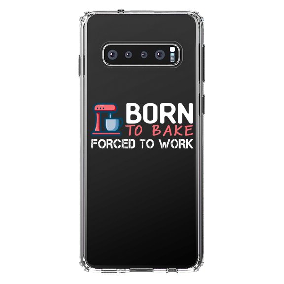 DistinctInk Clear Shockproof Hybrid Case for Samsung Galaxy S10  PLUS (6.4" Screen) - TPU Bumper Acrylic Back Tempered Glass Screen Protector - Born to Bake Forced to Work