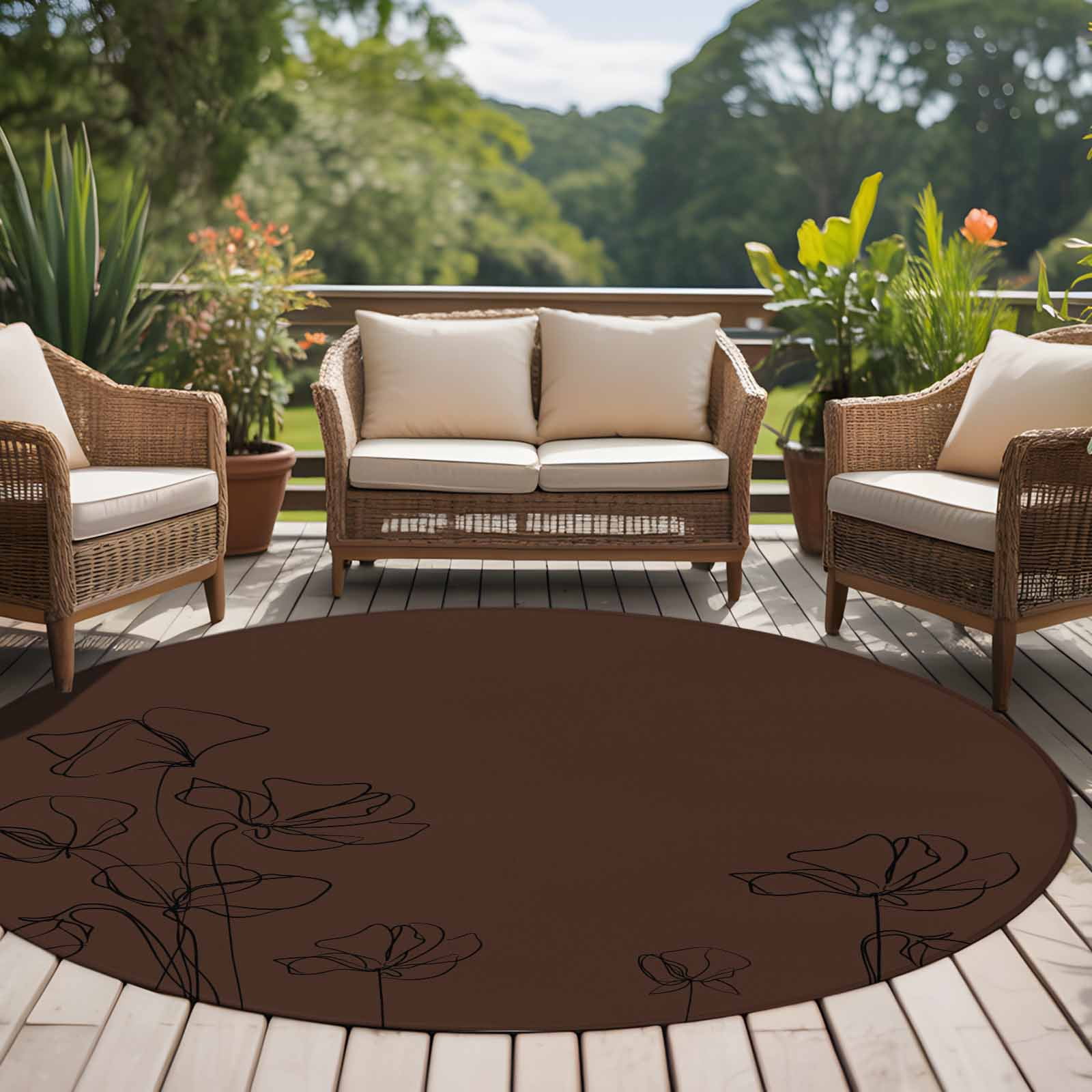 Round Area Rugs Collection 6 Ft, Brown Flowers Non-Slip Residential Carpet, Japanese Abstract Floral Plants Simple Art Indoor Crawling Mats Runner Rugs for Living Room/Dining Room/Bedroom