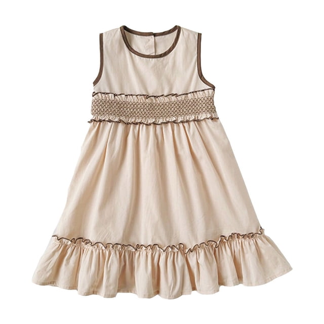 LUOGENLI Robe Fillette Tout-Petit Sans Manches Couleur Unie Robe Princesse Robe de Danse Fête Robes Vêtements Robe pour Filles Kaki 3-4 Ans