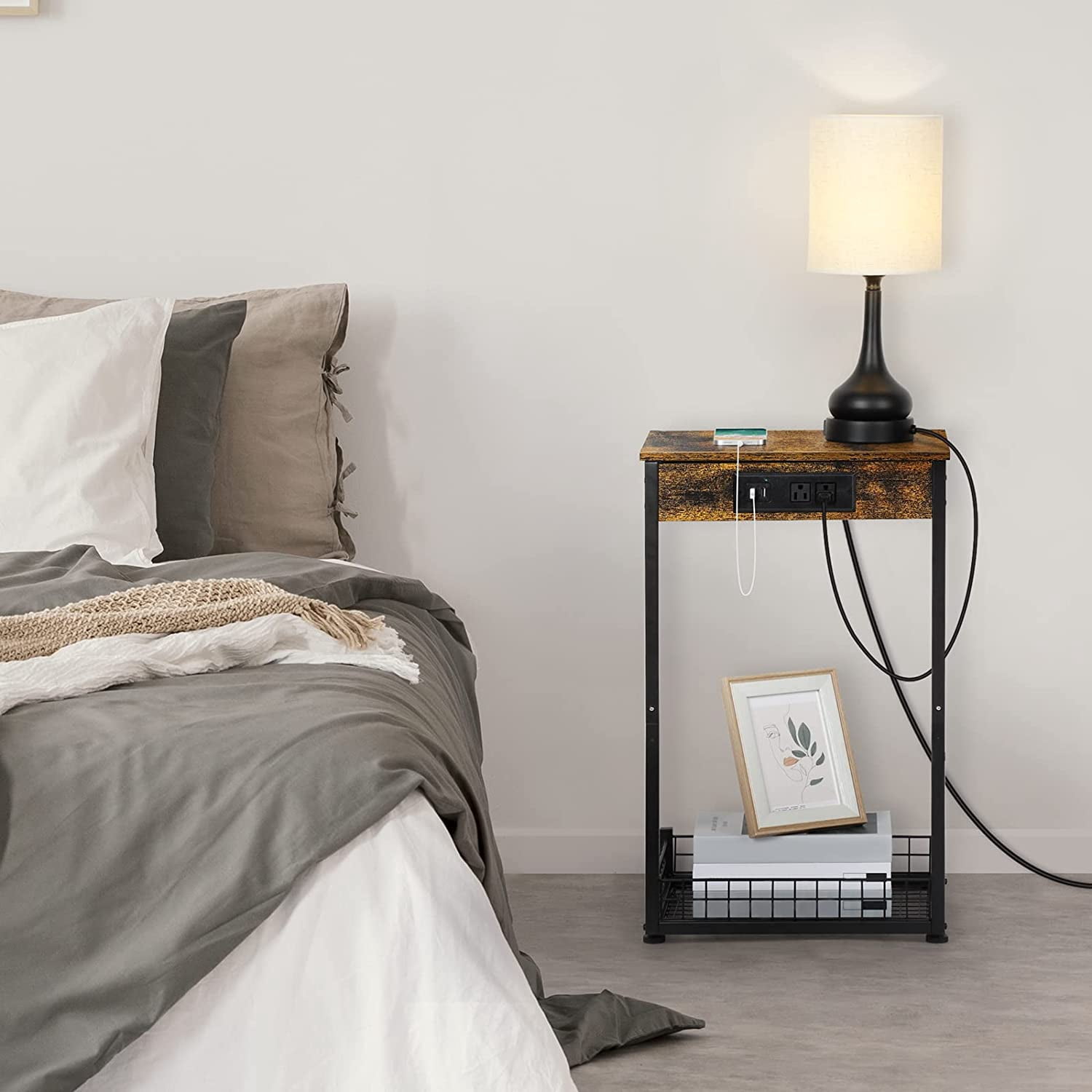 C-Shaped End Table with Charging Station and USB Ports, with Storage Basket and Rustic Brown Wood Top
