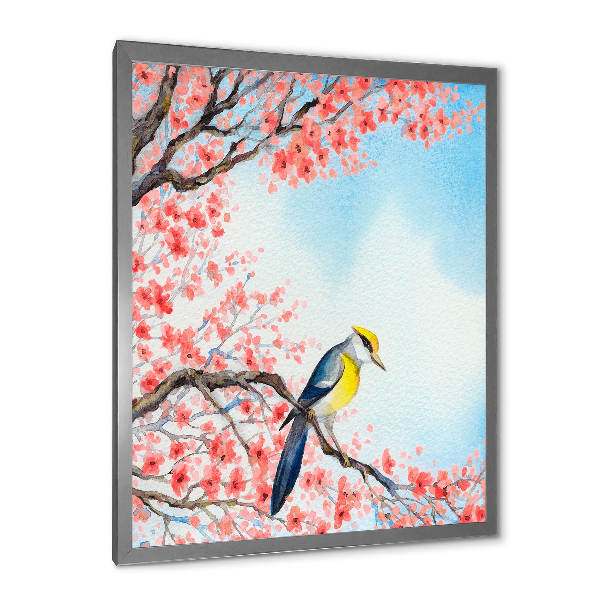 Beautiful Red Bird Sitting On Flowering Branch I 30 in x 40 in Framed Painting Canvas Art Print, by Designart
