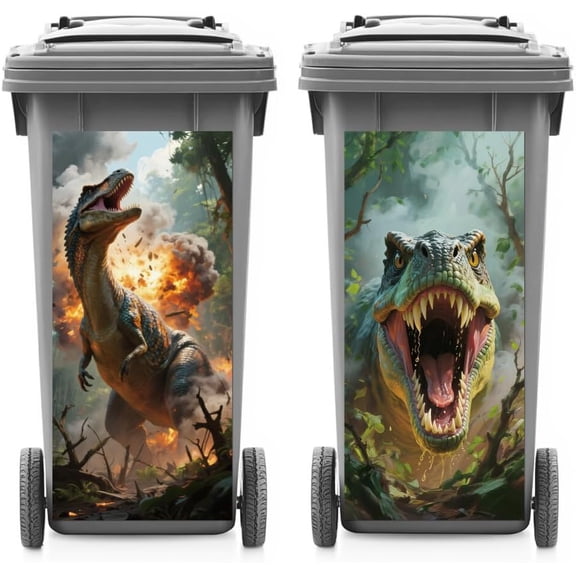2 Sheets Wheelie Bin Stickers Dinosaur and Forest Waterproof Dustbin Decor 14.9"x 32.2" Adhesive Large Decal for Bins Fridge Wall Outdoor Indoor Decoration Colorful
