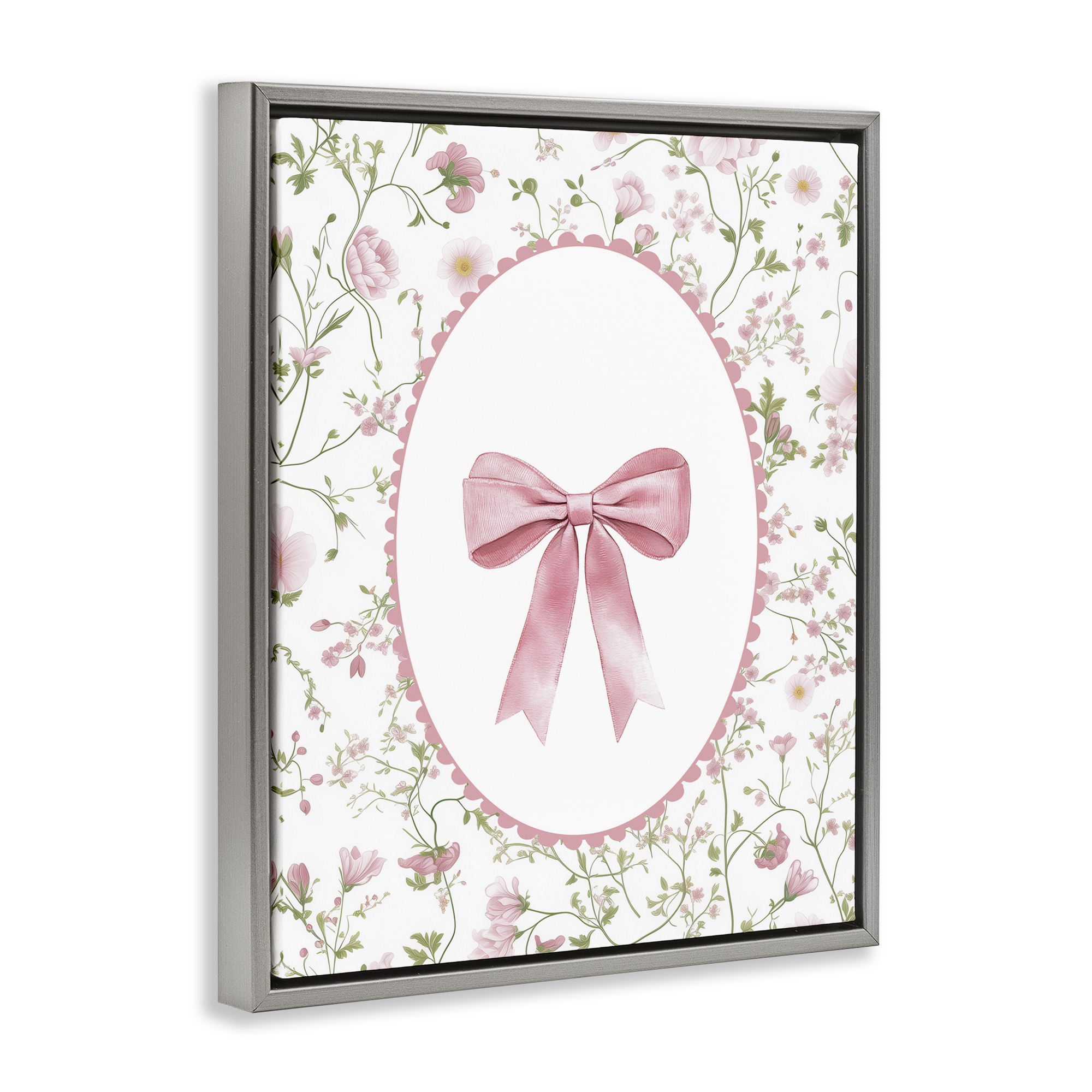 Delicate Florals & Bow Gray Framed Floater Canvas Wall Art, design by Christine Simpson Art