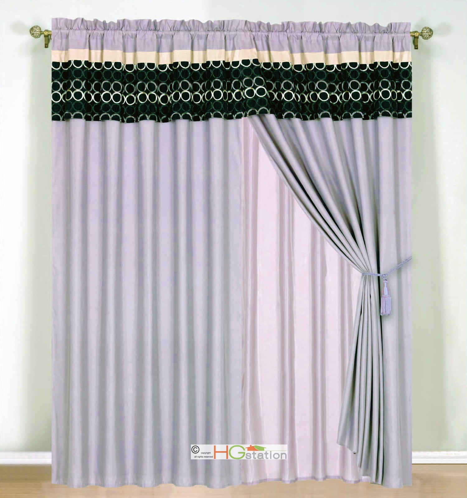 4-Pc Circle Embroidery Striped Curtain Set Lavender Black Beige Valance Drape 