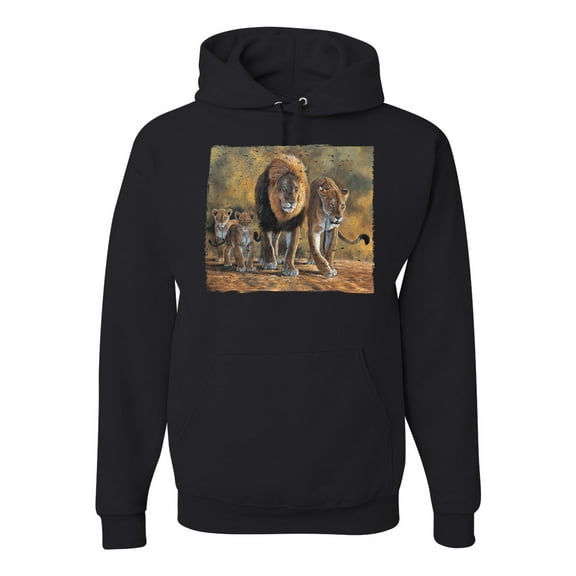 Distressed African Lion Family Desert Fashion Graphic Hoodie Sweatshirt, Black, Small