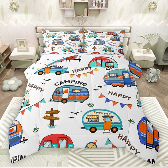 jejeloiu Cartoon Camper Car Bedding Comforter Set,Colorful Rv Twin Comforter Sets,Happy Camping Bedding Set For Girsl Boys,Microfiber Bedroom Decor Reversible,2 Pieces
