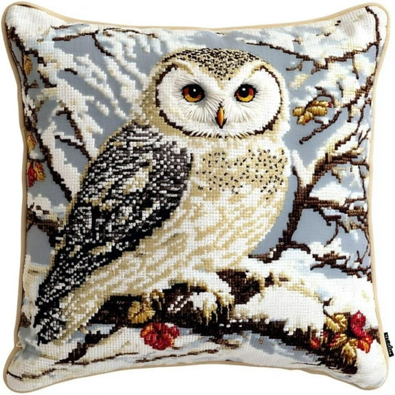 Latch Hook Kit, Snowy Owl Animal Latch Hook Pillow Kits For Adults Crochet Yarn Cushion Pre-Printed Needlework Handcraft 17X17 Inch