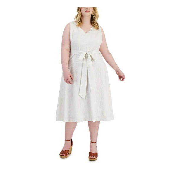 TAYLOR Womens White Zippered Belted Lined Sleeveless V Neck Midi Wear To Work Fit + Flare Dress Plus 14W