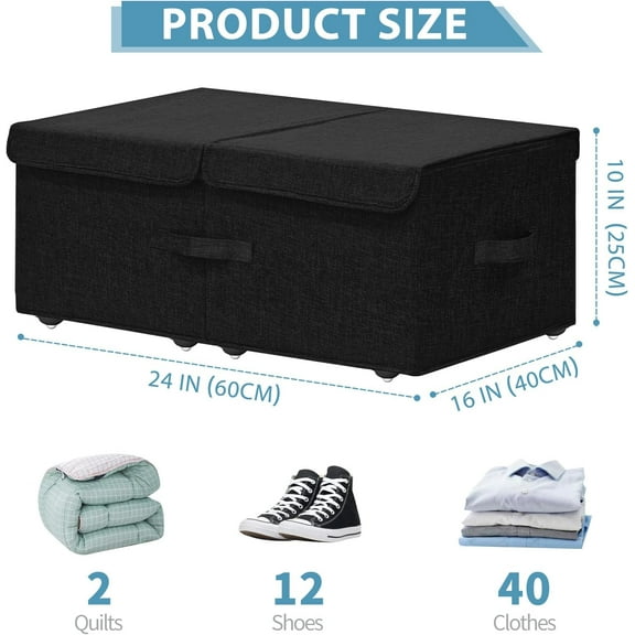 Under Bed Storage Container with Wheels, 2 Pack 10" High Deep Underbed Rolling Box Storage Bins for Bedroom, Dorms, Clothes, Shoes, Blankets - Black