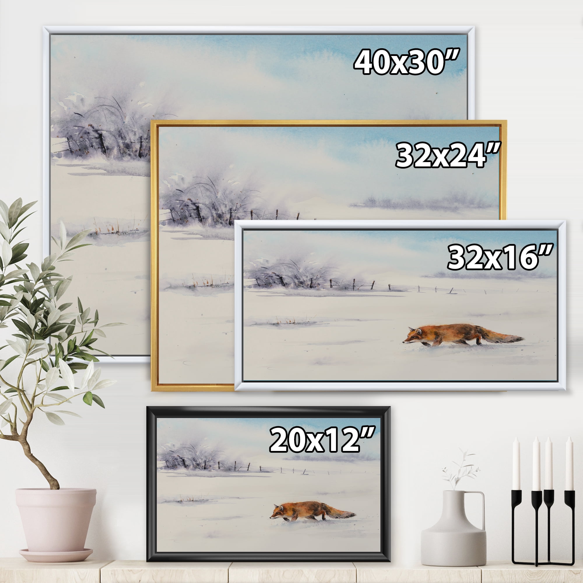 Designart 'Red Fox Running In White Snow in Countryside I' Farmhouse Framed Canvas Wall Art Print