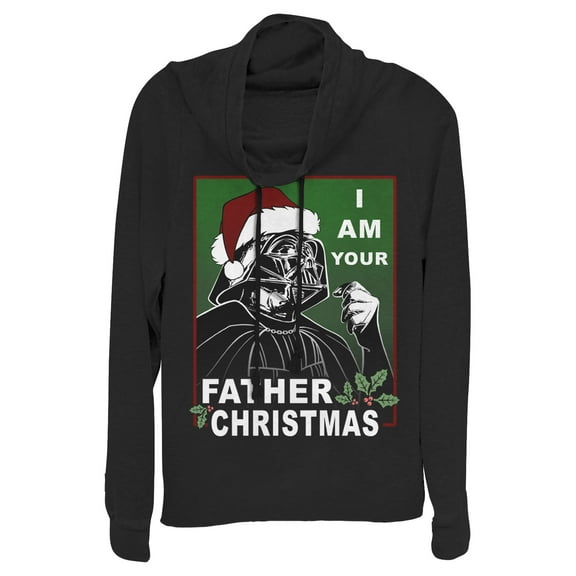 Junior's Star Wars Christmas Vader I Am Your Father Cowl Neck Sweatshirt Black Medium