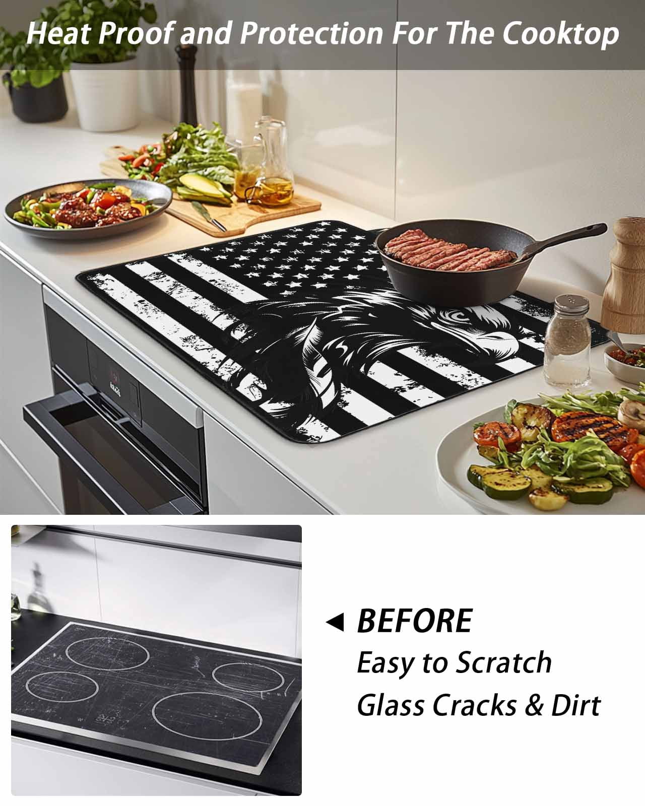 Stove Top Covers for Electric Stove, American Flag Glass Stovetop Cover Protector, Black US Flag Eagle Induction Cooktop Protector Oven Mat for Kitchen Countertop 31"x24"
