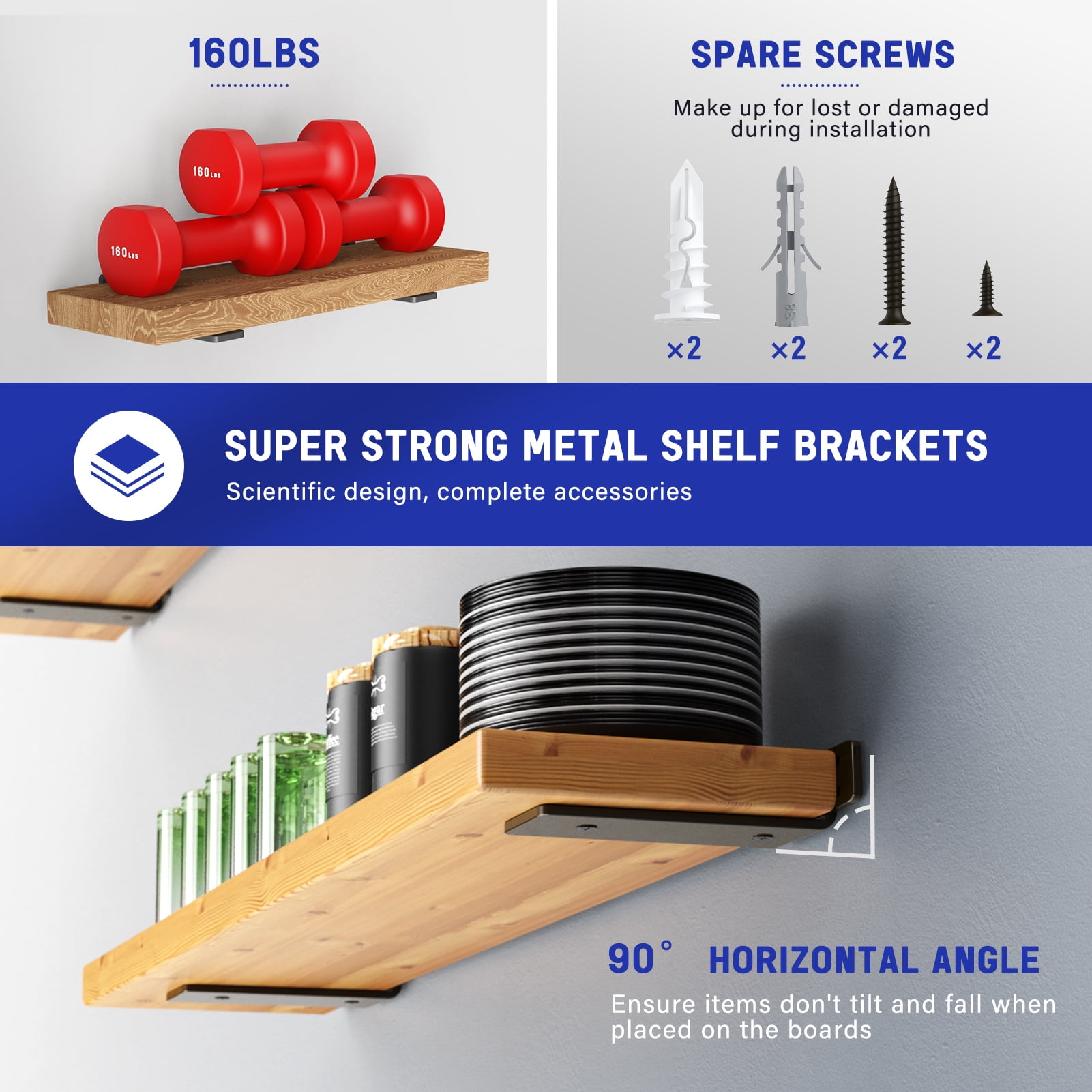 6 Pack Heavy Duty Shelf Bracket, 8 inch Floating Shelf Brackets(1/5"-Thick) Black Metal Wall Shelf Support Brackets, Holds 160+lb