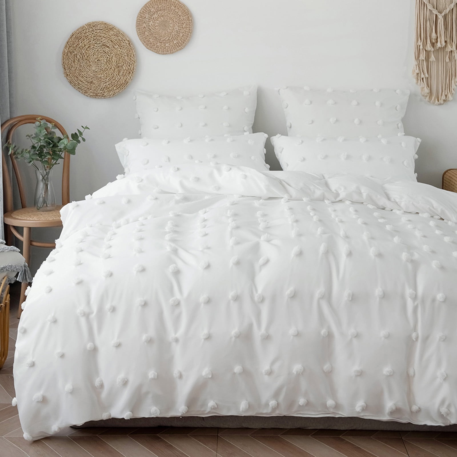 Qookiee White Tufted Dot Duvet Cover Sets Queen Size Boho Soft Embroidery Shabby Chic Duvet Covers 100% Soft Luxury Microfiber Washed Bohemian Bedding Sets 1 Duvet Cover 90x90 in and 2 Pillow Shams