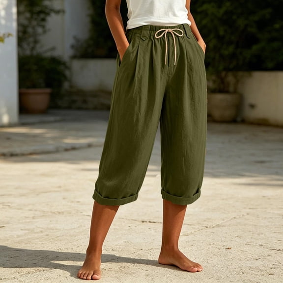 Capri Pants for Women Linen Wide Leg Loose Fit with Drawstring Elastic Waist Casual Summer Cuffed Pants with Pockets, 2XL