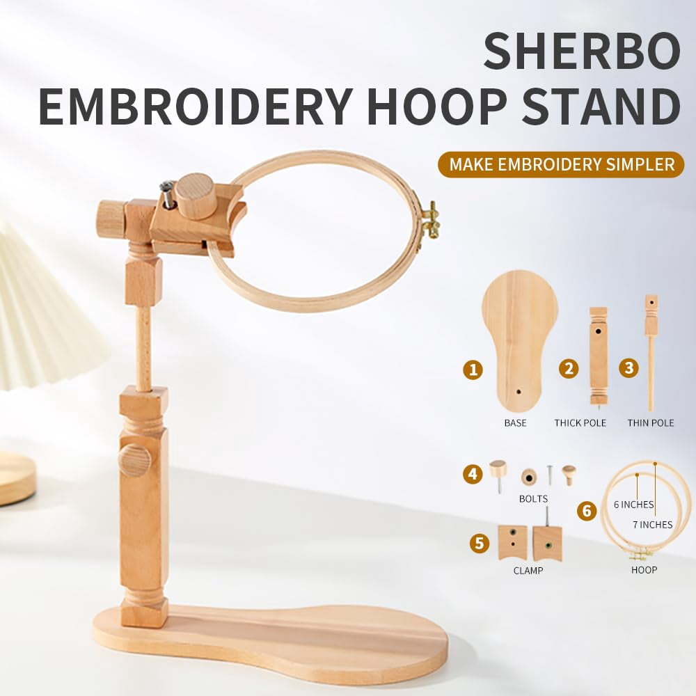 Sherbo Adjustable Embroidery Hoop Stand Rotated Beech Wood Hands-Free Cross Stitch Frame Solid Natural Wood with 2 Hoops 6 Inch and 7 Inch