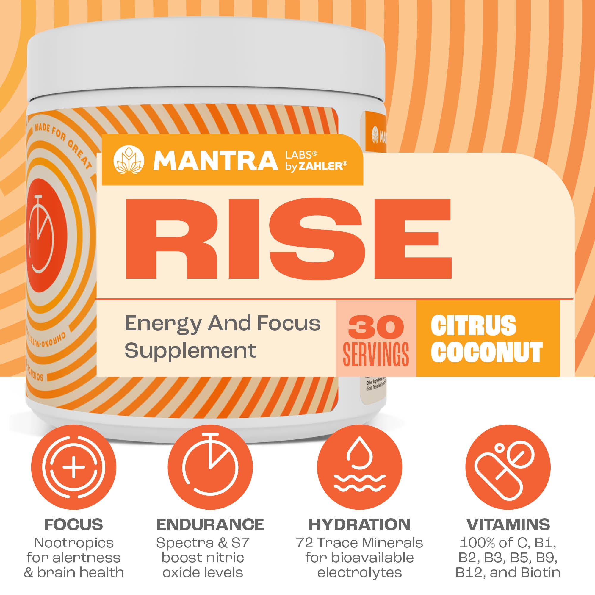 Mantra RISE Zero Sugar Electrolyte Powder Drink Mix with Nootropics, Vitamins & Brain Support, Keto Vegan Hydration Supplement, Citrus Coconut