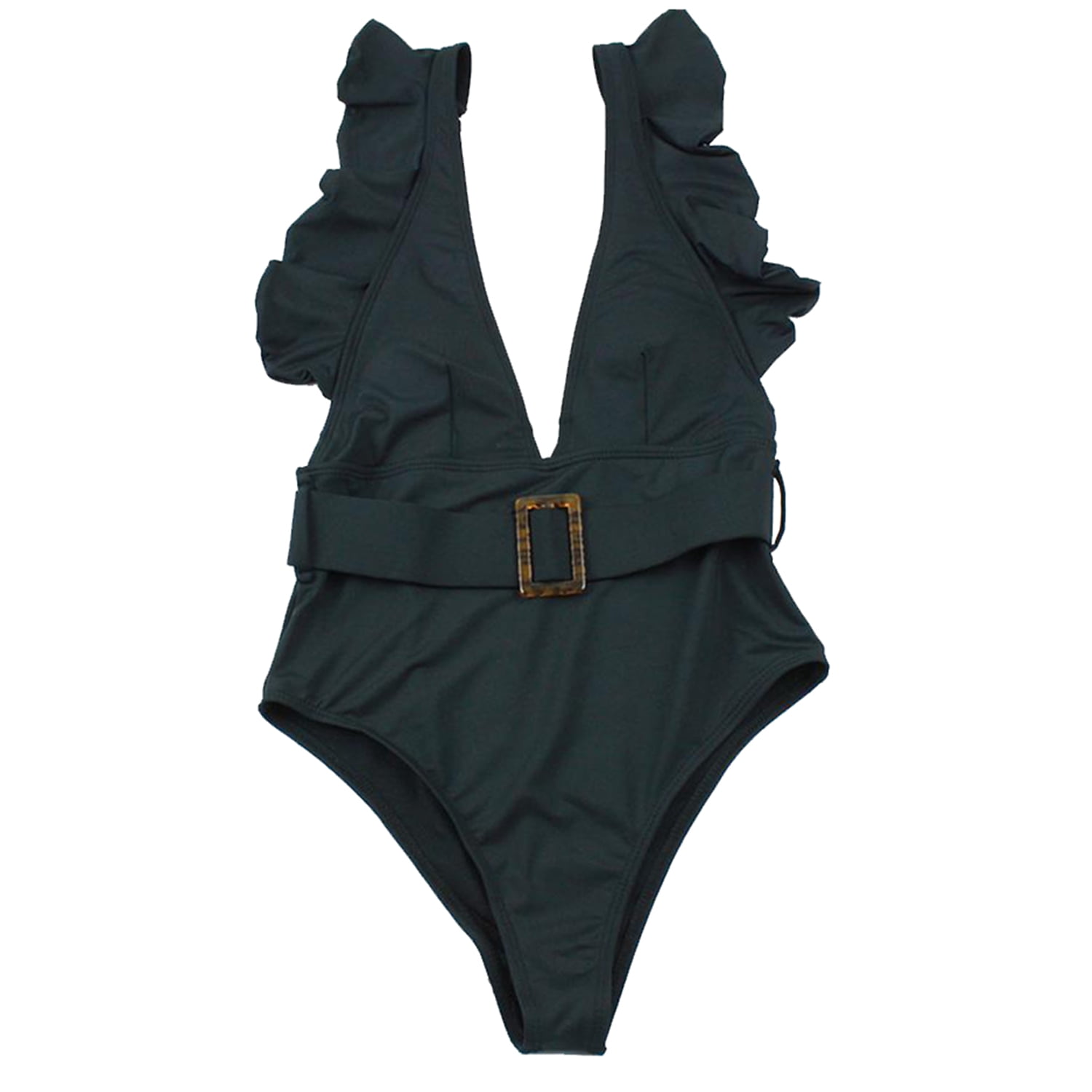 Women's Deep V Neck Ruffle One Piece Swimsuit with Belt