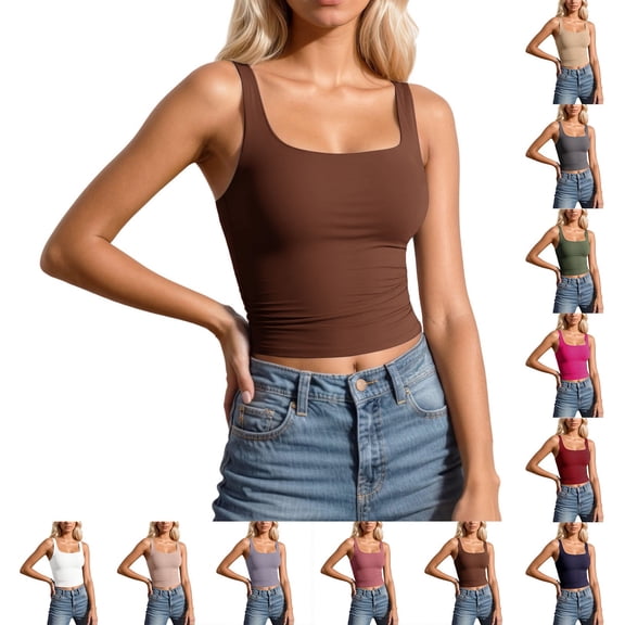 WEIWEN Womens Tank Tops with Built in Bras Square Neck Camisole Tops for Women for Under Clothes Slim Fitted Compression Sleeveless Shirts Shapewear Coffee, S