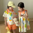 thumbnail image 4 of Conjunto de ropa de verano para niños, camisa y pantalones cortos con solapa estampada para niño, 2 uds., vestido elegante con cuello de pétalo para niñas, traje para hermanos y vacaciones, 4 of 6