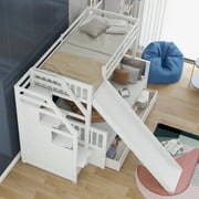 Euroco Wood Twin over Full Bunk Bed with 2 Drawers and Slide, Storage Staircase for Bedroom, White