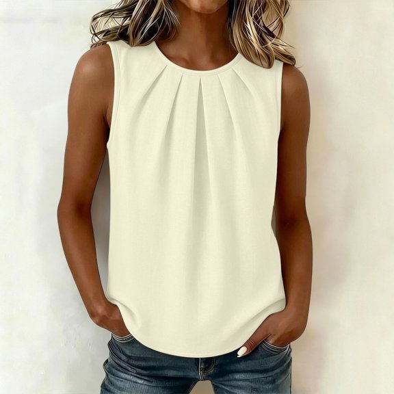 Craaazy Womens Sleeveless Crew Neck Tank Tops Pleated Design Solid Color Loose Fit Casual Summer Tops for Work and Business Wear