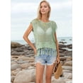 thumbnail image 2 of Women Tassel Knitted Crochet Mesh Crop Top Sexy- Short Sleeve Fishnet Top See Through Cover Up Green L, 2 of 7