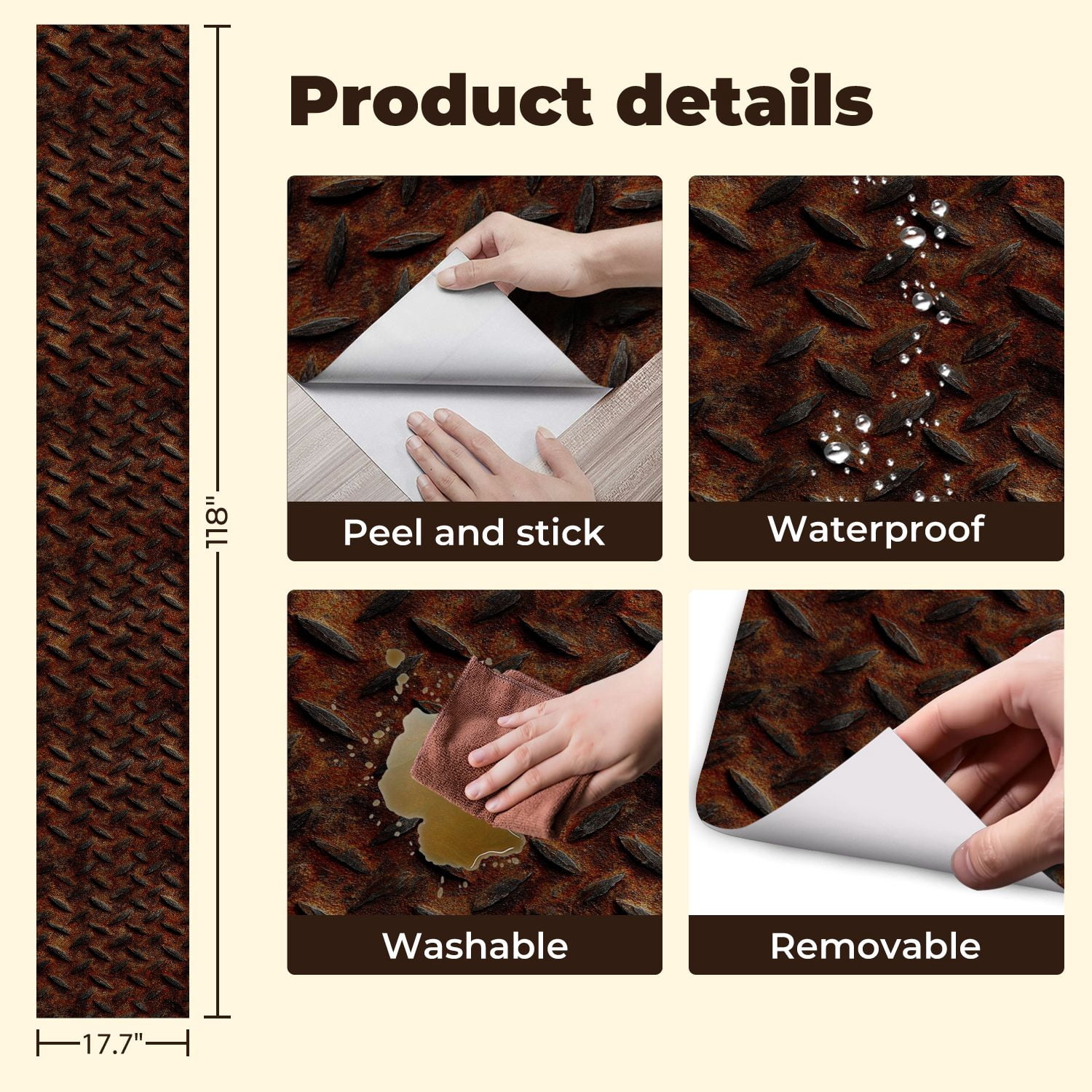 Industrial Peel and Stick Wallpaper 17.7in x 9.8ft Rustic Plate Metal Texture Industrial Contact Paper Vinyl Waterproof Self Adhesive Wall Paper for Bedroom Shelf Cabinet Renter Friendly