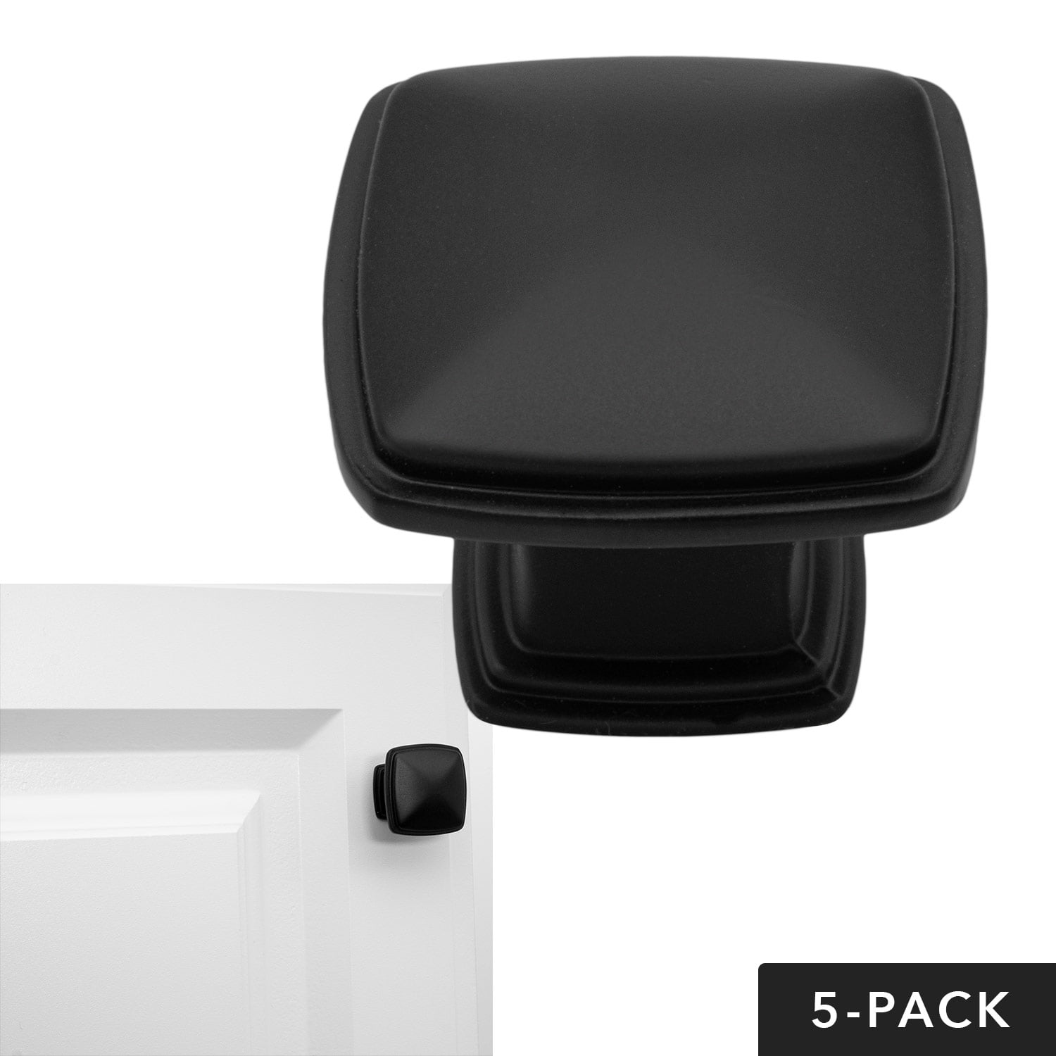 Matte Flat Black Cabinet Hardware Square Deco Knob Modern Kitchen Drawer Handle, 1.25' Diameter, 5 Pack